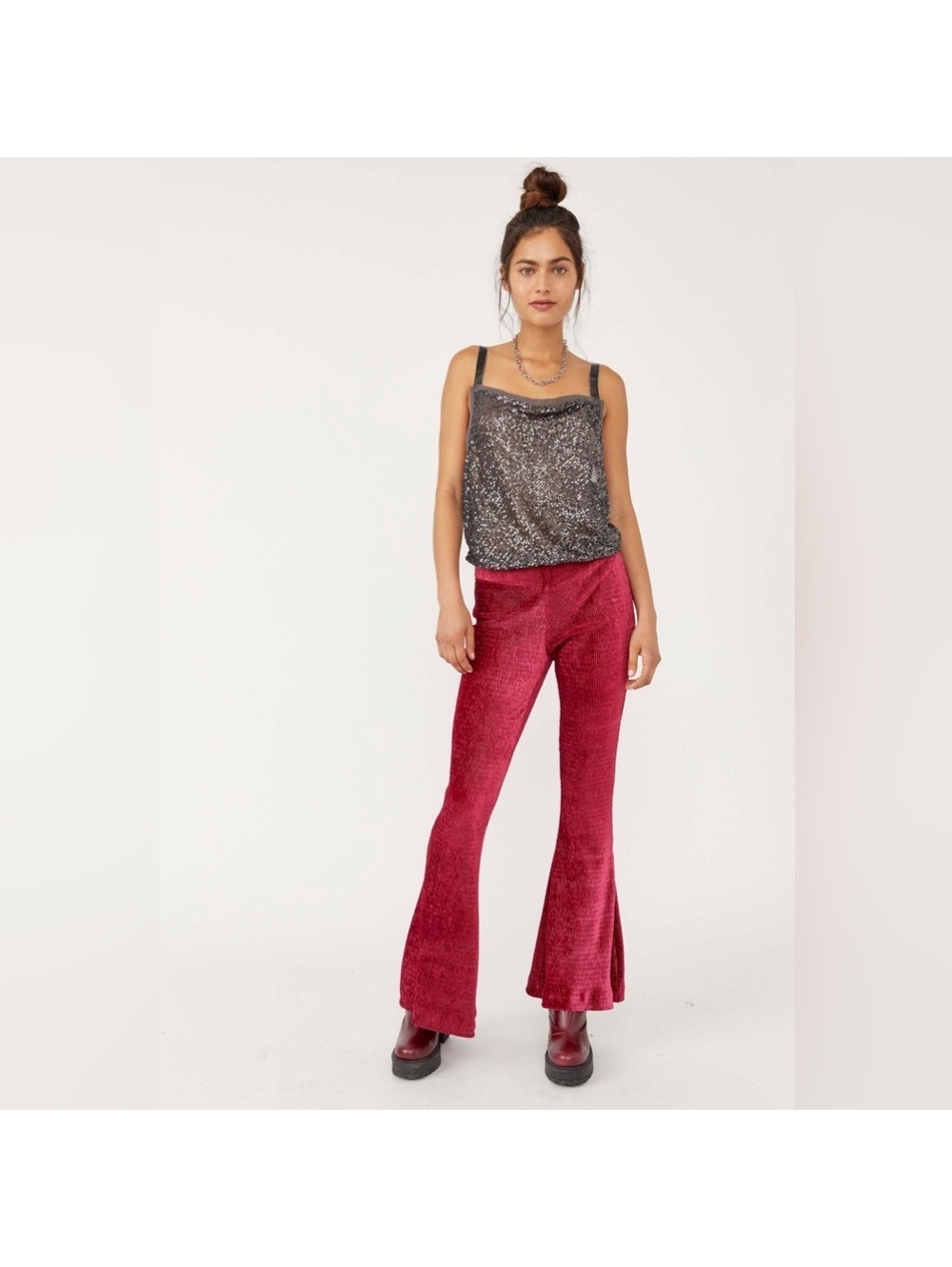 Free People So Charming Velvet Flare Pants Red Women’s Size Medium